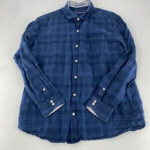 Tommy‎ Bahama Mens Blue Plaid Linen Blend Long Sleeve Button Up Shirt L